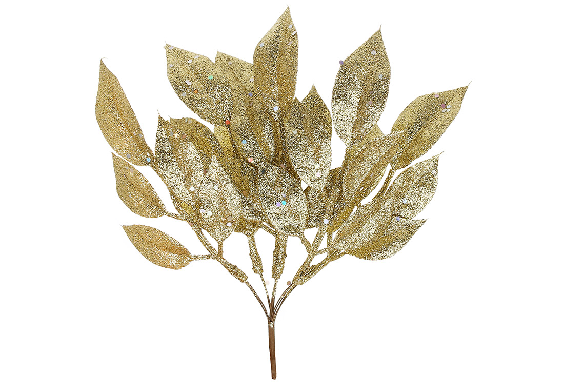 Декоративна гілка листя 25см, колір - золото гліттер
