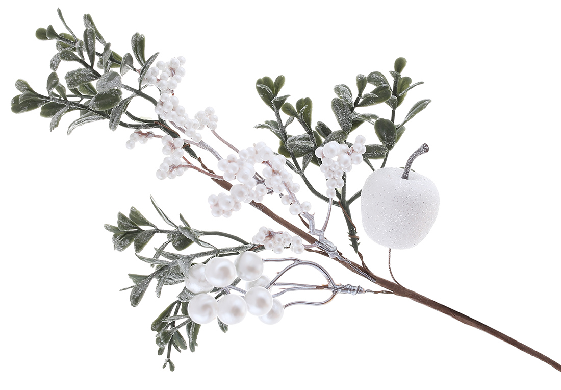 Гілка з ягодами, листям та яблуком, 35см, колір - білий із зеленим
