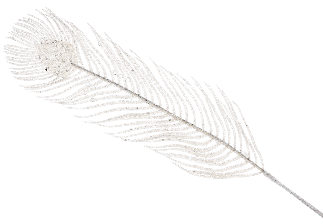 Декоративна гілка Перо Павича 69см, колір - білий глітер
