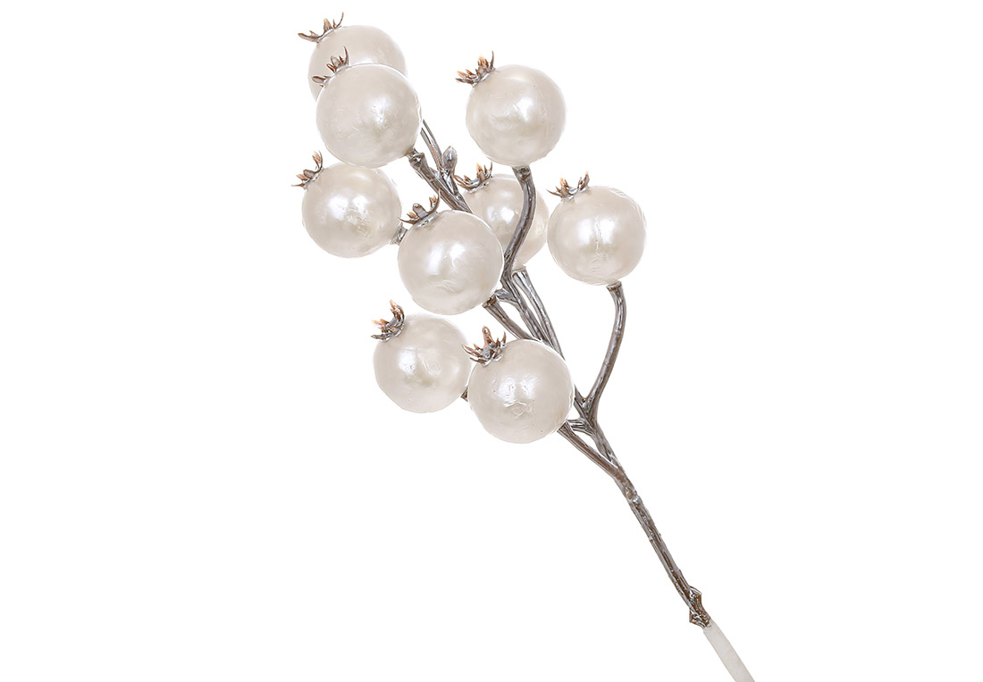 Декоративна гілка з ягодами 32см, колір - білий перламутр