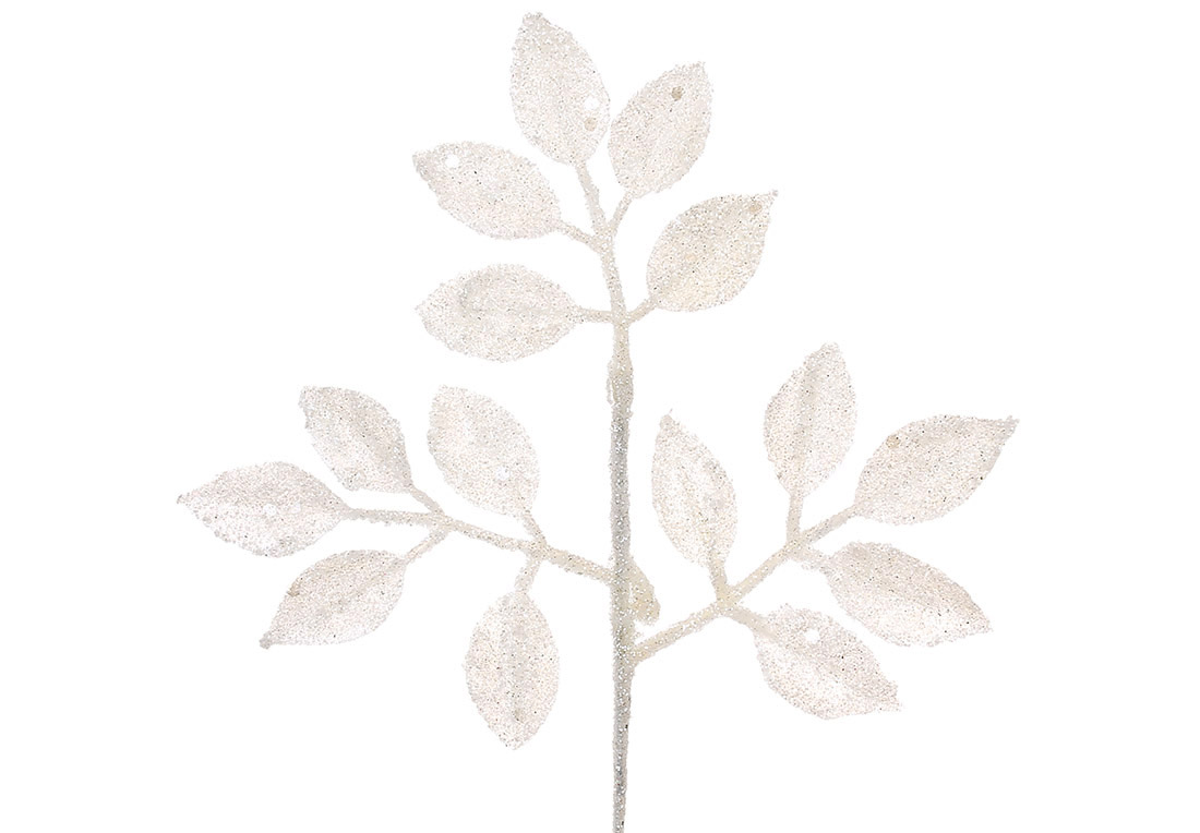 Декоративна гілка ( 3шт ) листя 19см, колір - білий гліттер