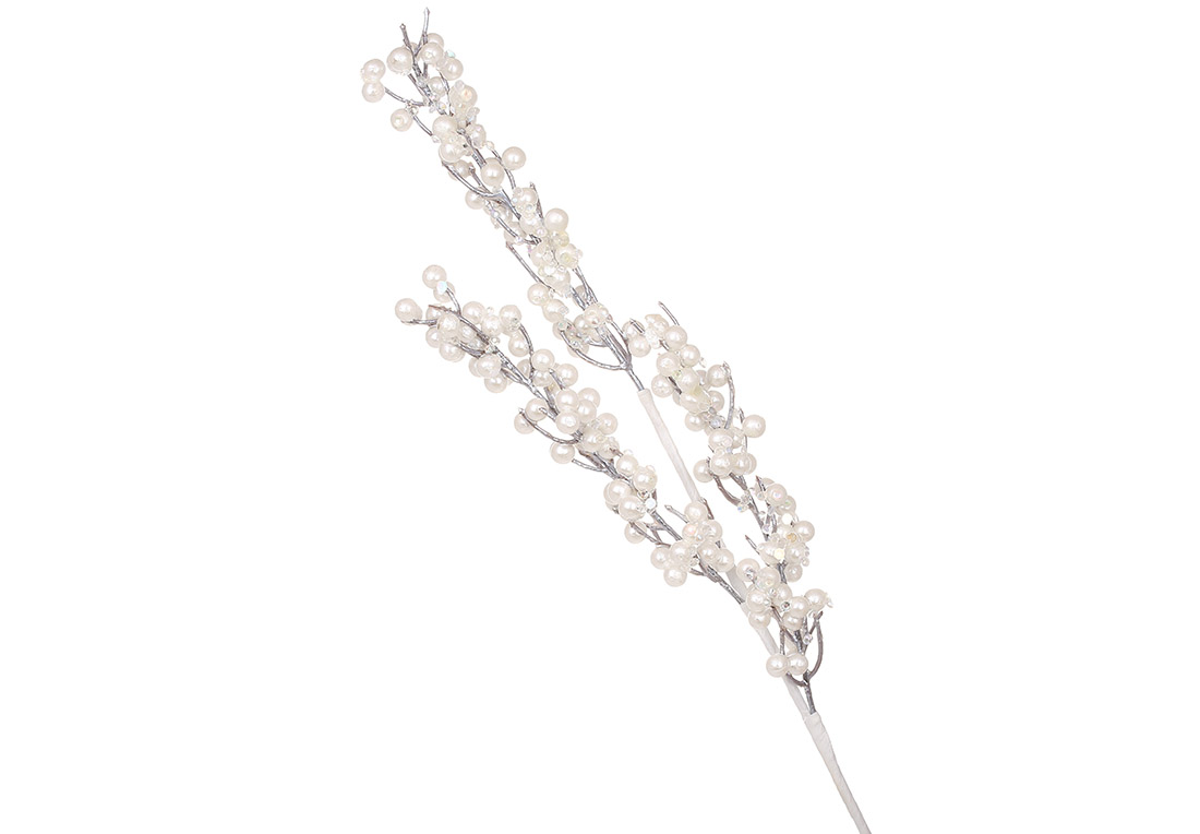 Декоративна гілка перламутрових ягід з кристалами 62см, колір - білий