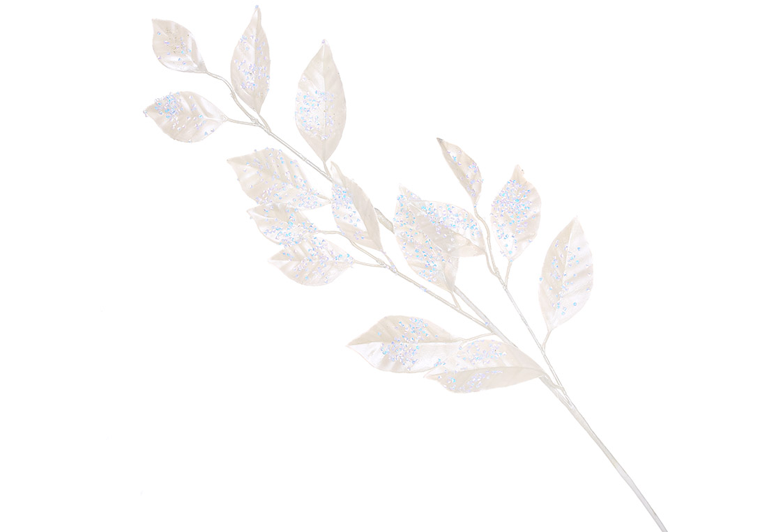 Декративна гілка листя в паєтках 77см, колір - білий перламутр