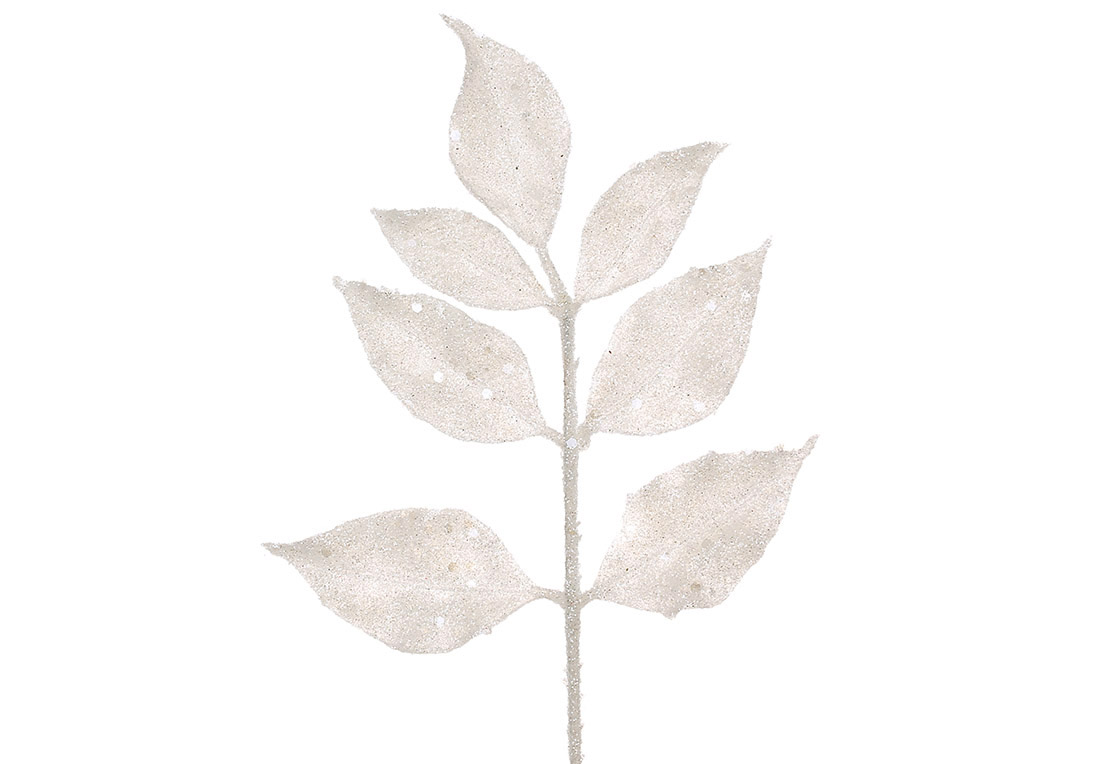 Декоративна гілка ( 3шт ) листя 22см, колір - білий гліттер