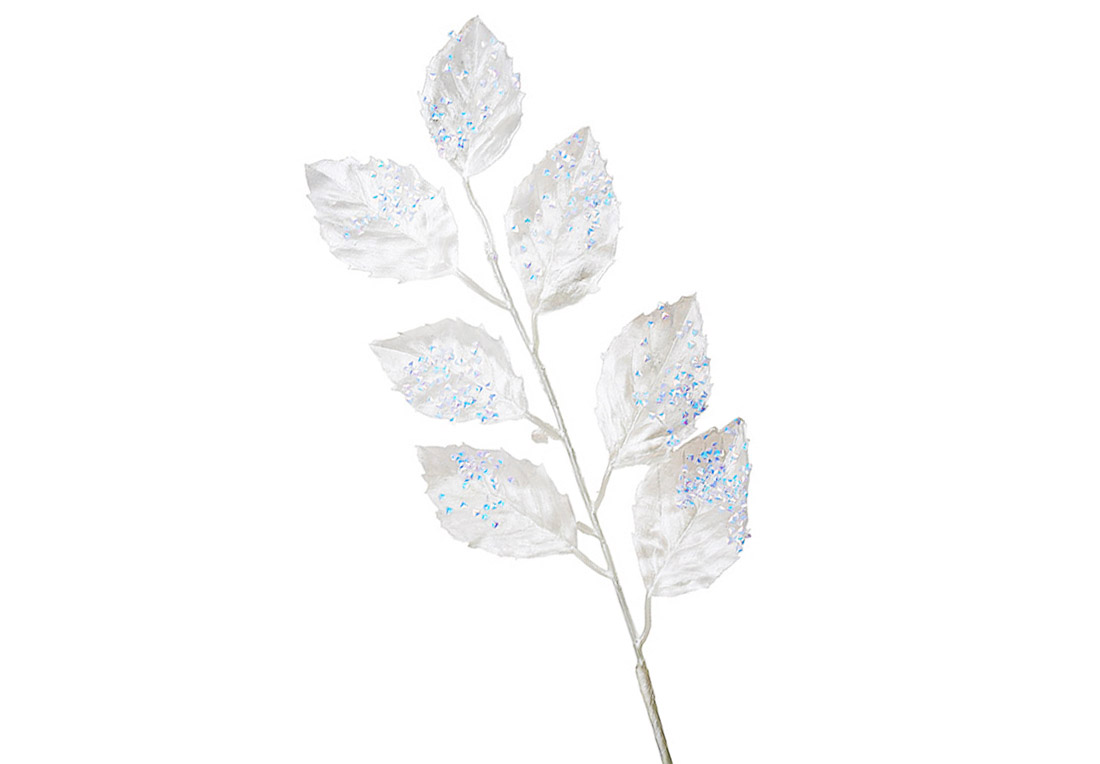 Декоративна гілка листя в паєтках 56см, колір - білий перламутр