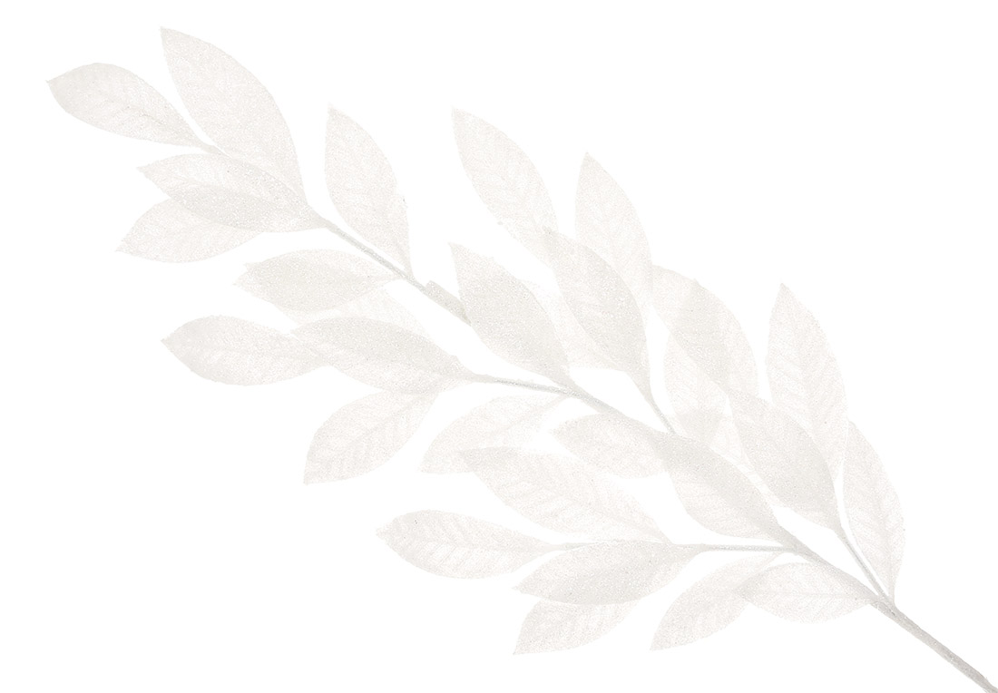 Декоративна гілка Листя 73см, колір - білий з гліттером