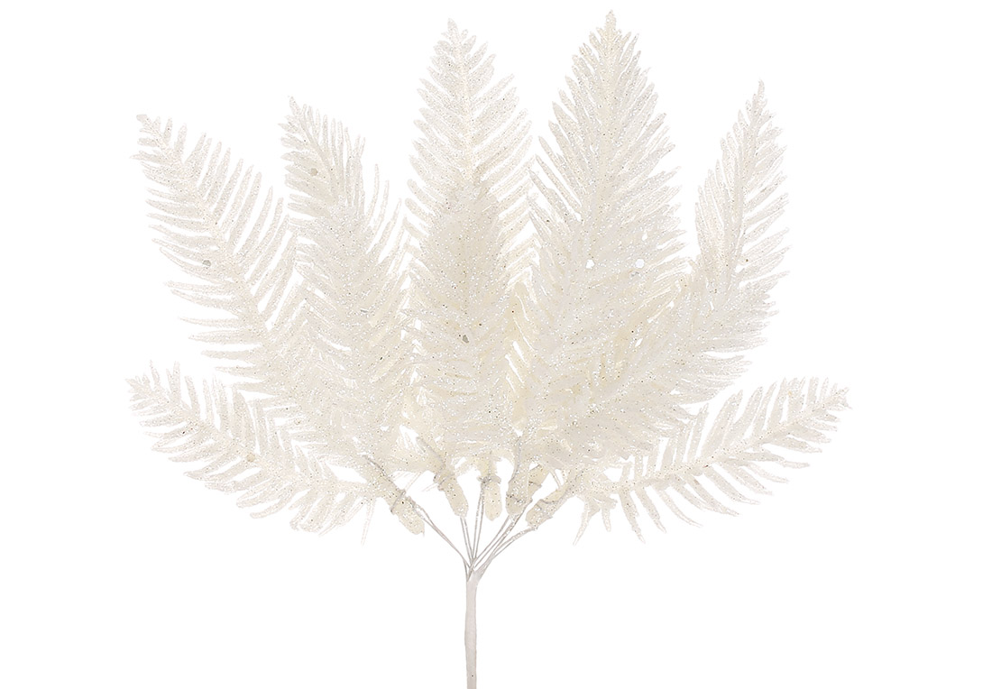Декоративна гілка папороті 24см, колір - білий гліттер