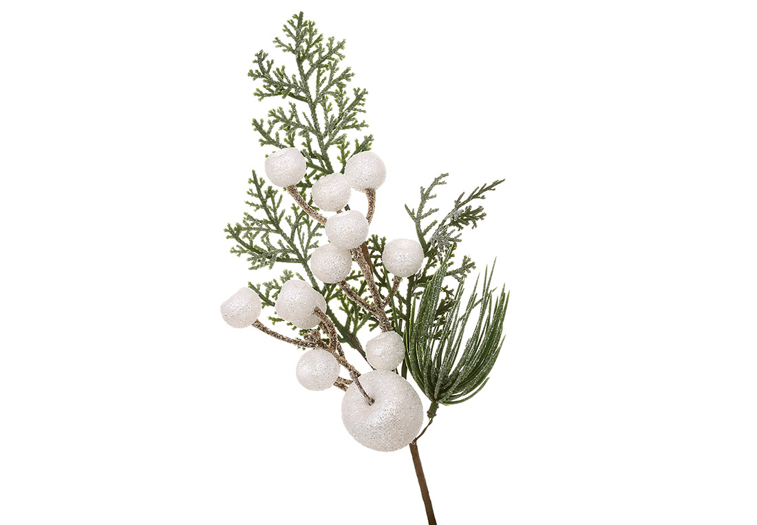 Декоративна гілка хвої з ягодами та яблуком в інеї, 37см, колір - білий