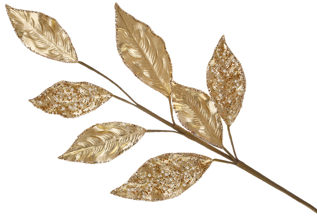 Декоративна гілка листя з перлинними намистинами та гліттером 70см, колір - золото.