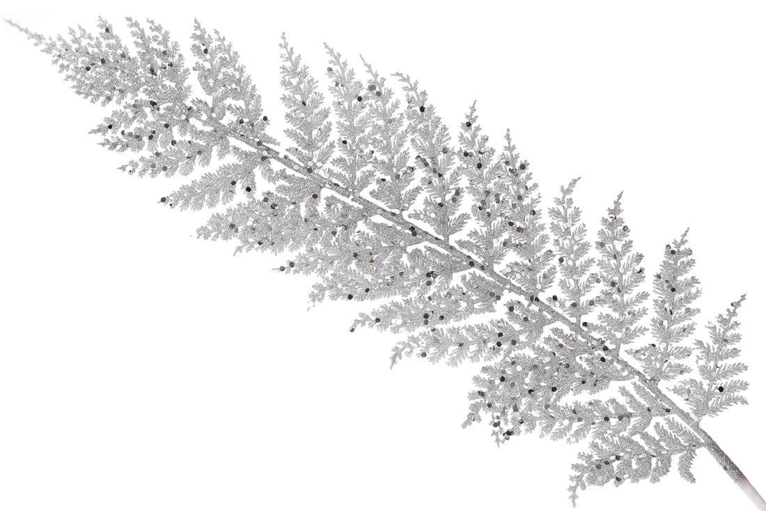 Декоративна гілка в гліттері Папороть 78см, колір - срібло