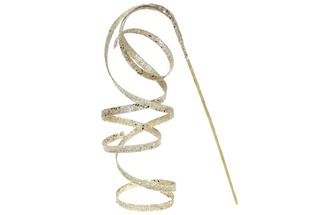 Декоративна гілка з кучерявою стрічкою в гліттері 76см, колір - світла шампань