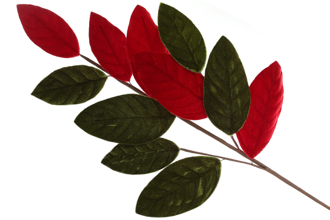 Декоративна гілка Оксамитове Листя 65см, колір - червоний із зеленим