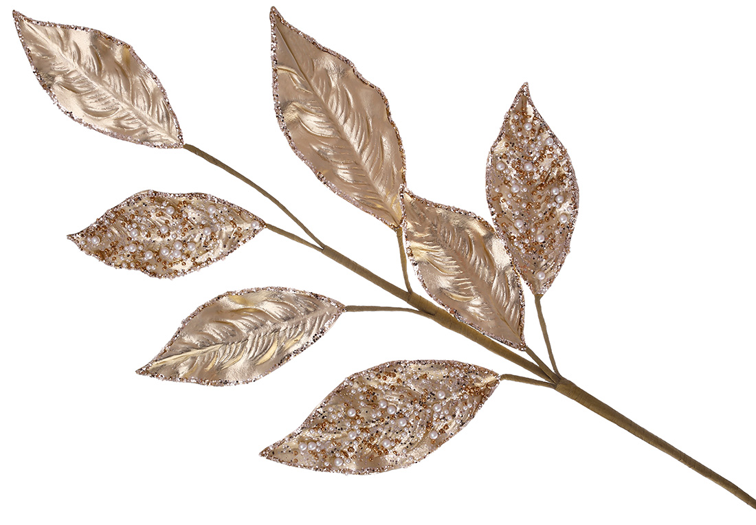 Декоративна гілка листя з перлинними намистинами та гліттером 70см, колір - шампань.