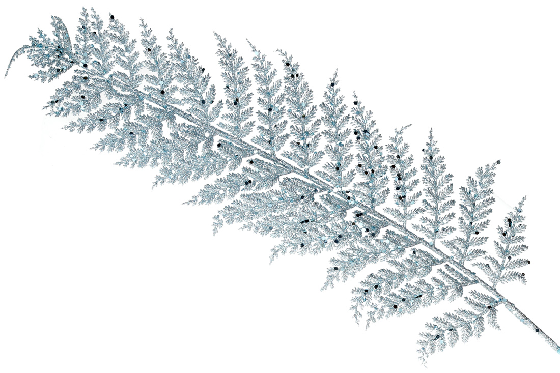 Декоративна гілка в гліттері Папороть 78см, колір - крижаний блакитний