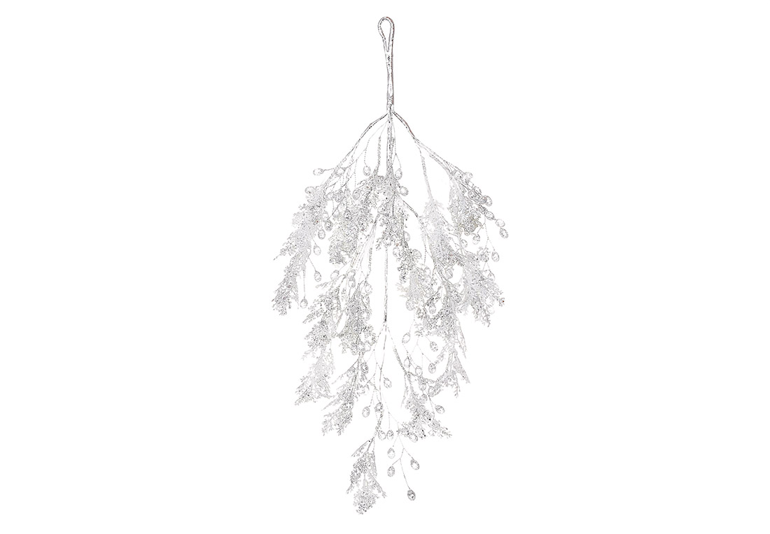 Декоративна підвіска з хвої та акрилових крапель 42см, колір - білий зі срібним гліттером