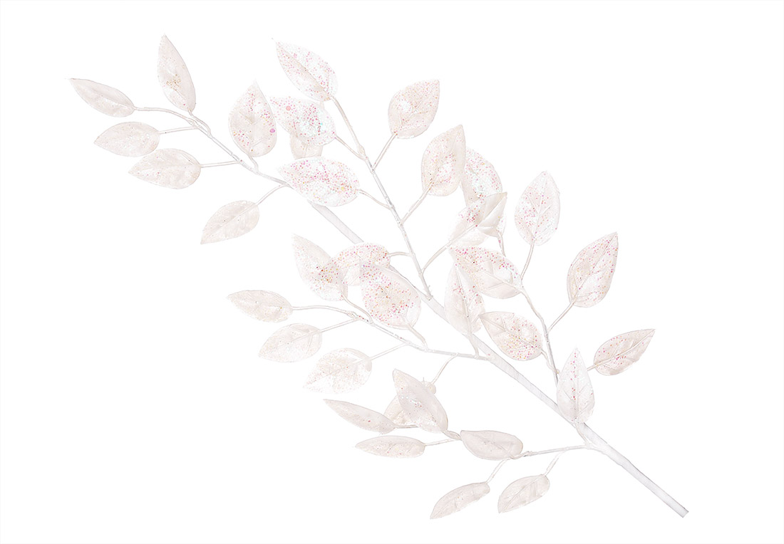 Декоративна гілка Листя 54см, колір - білий з рожевим глітером