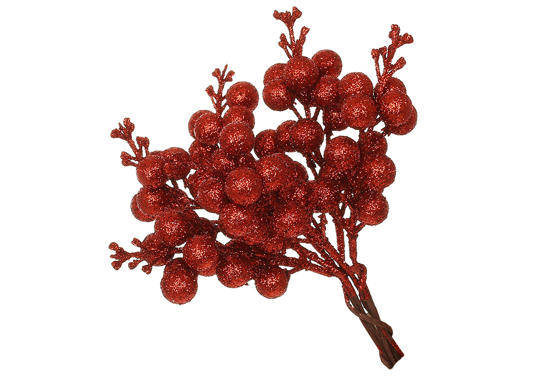 Декоративний пучок (6шт) ягід у глітері, 19см, колір - червоний