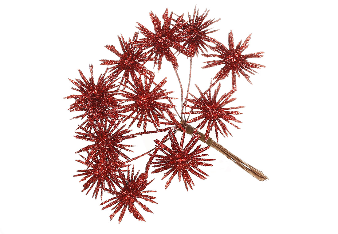 Декоративний пучок ( 6шт ) Колючка в червоному гліттері, 13см
