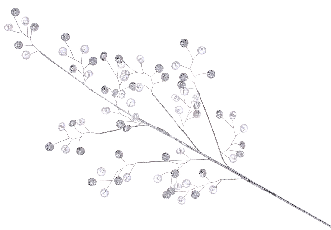 Декоративна гілка з акриловим камінням 72см, колір-білий зі сріблом