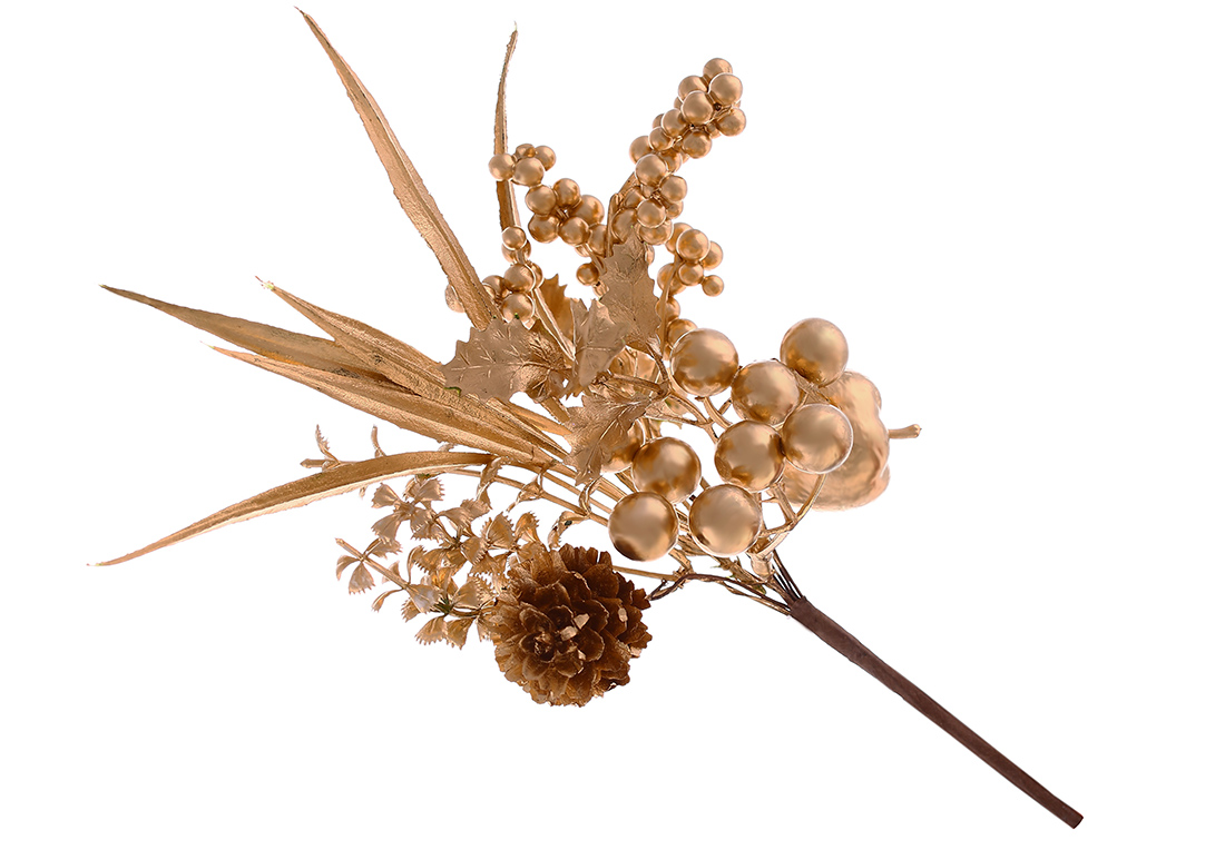 Декоративна гілка з ягодами та листям 27см, колір - матове золото.