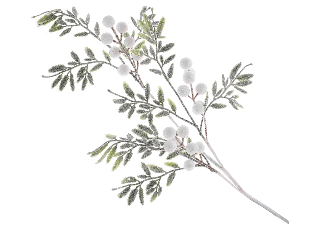 Гілка з листям та ягодами в гліттері 75см, колір - зелень з білими ягодами