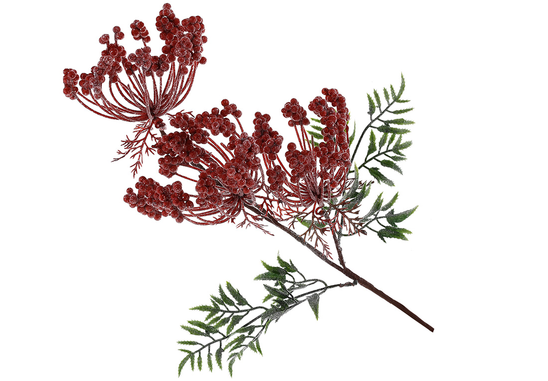 Гілка червоних ягід з листям 60см із сріблястою присипкою