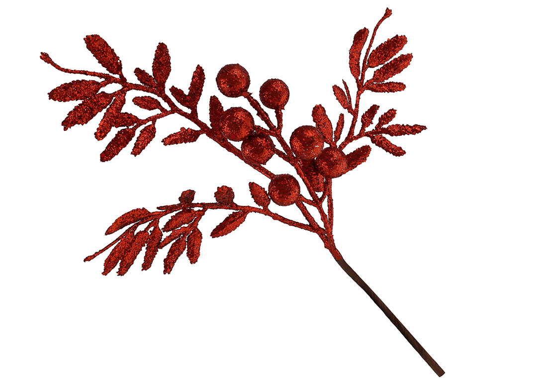 Гілка з листям та ягодами в гліттері 35см, колір - червоний