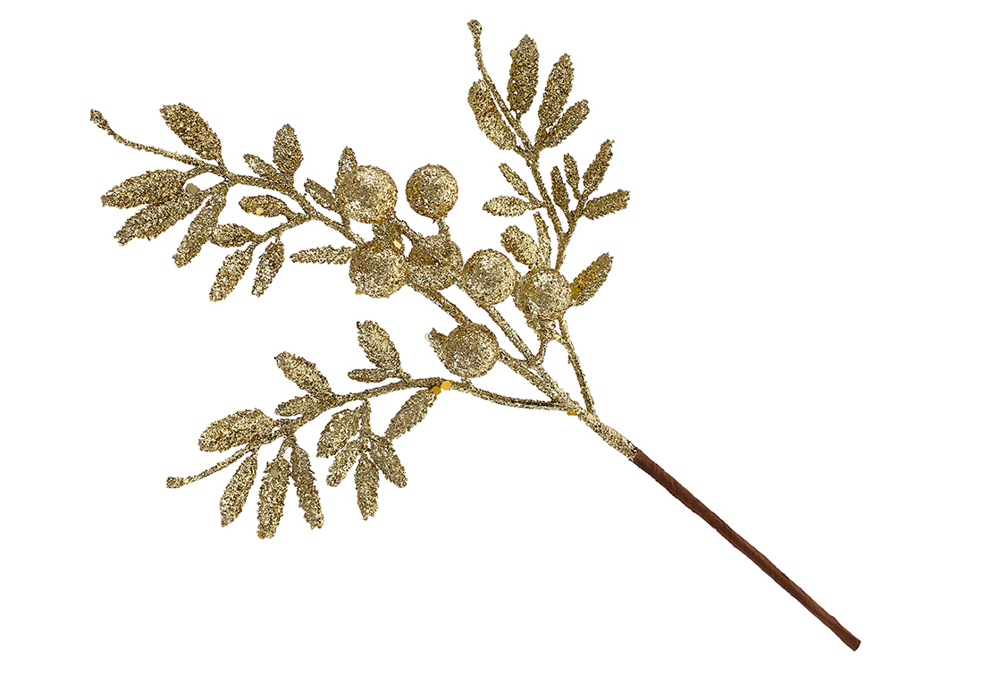 Гілка з листям та ягодами в гліттері 35см, колір - золото