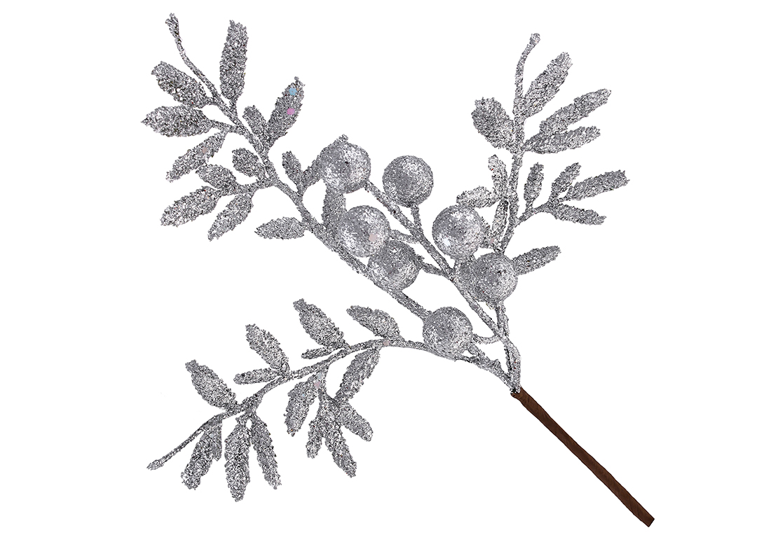 Гілка з листям та ягодами в гліттері 35см, колір - срібло
