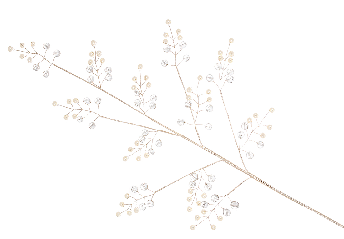 Декоративна гілка з перлами та акриловими намистинами 72см, колір перлинно-білий з прозорим.