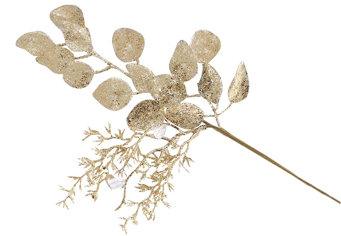 Декоративна гілка з листям у гліттері 50см, колір - шампань