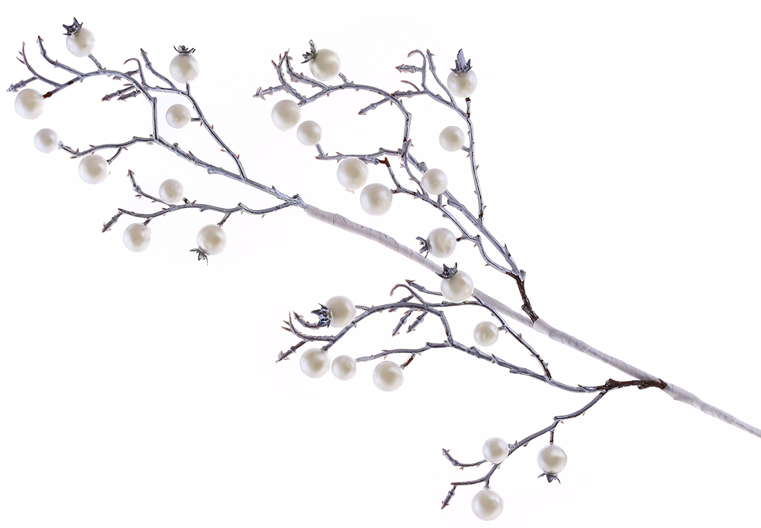 Декоративна гілка з перламутровими ягодами 63см, колір - перлинний білий