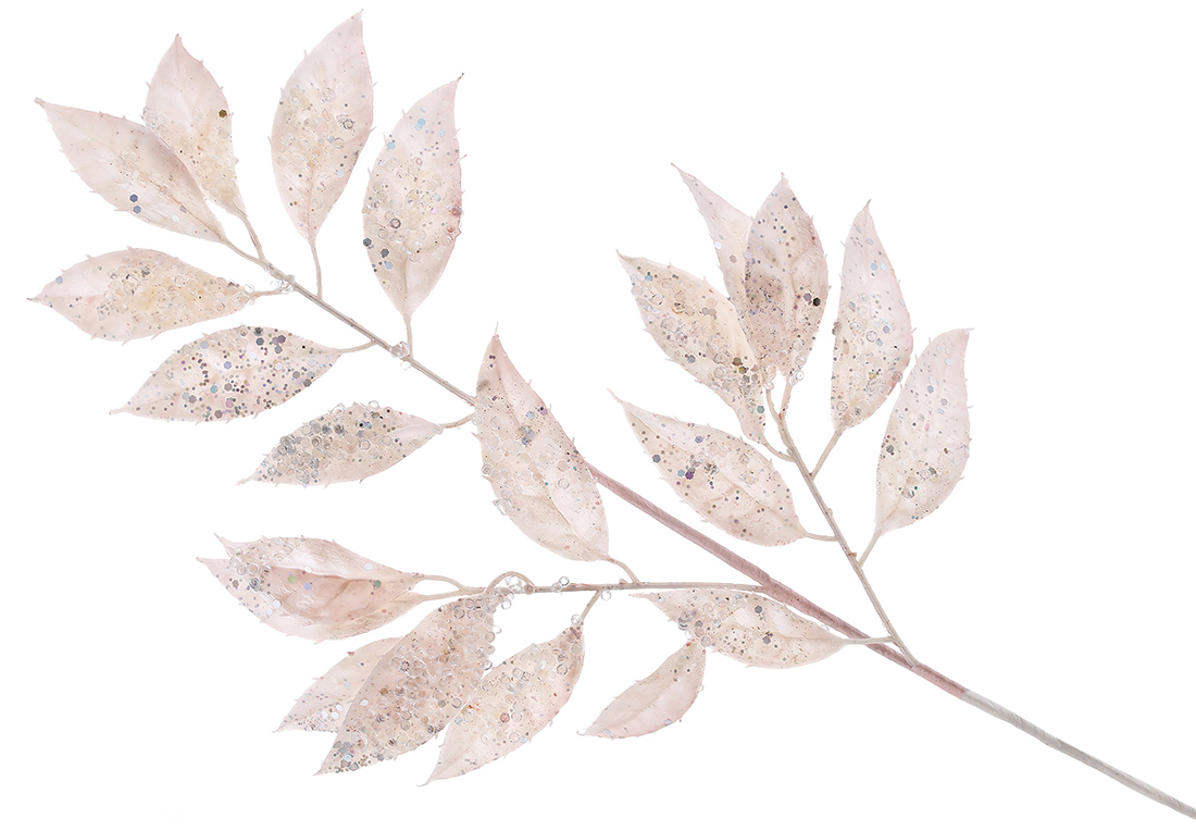 Декоративна гілка листя у льоду 66см, колір - рожевий перламутр