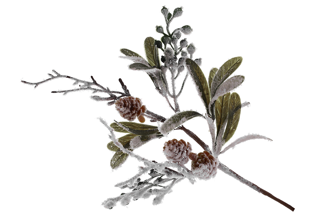 Декоративна засніжена гілка з листям, шишками та ягодами, 30см.