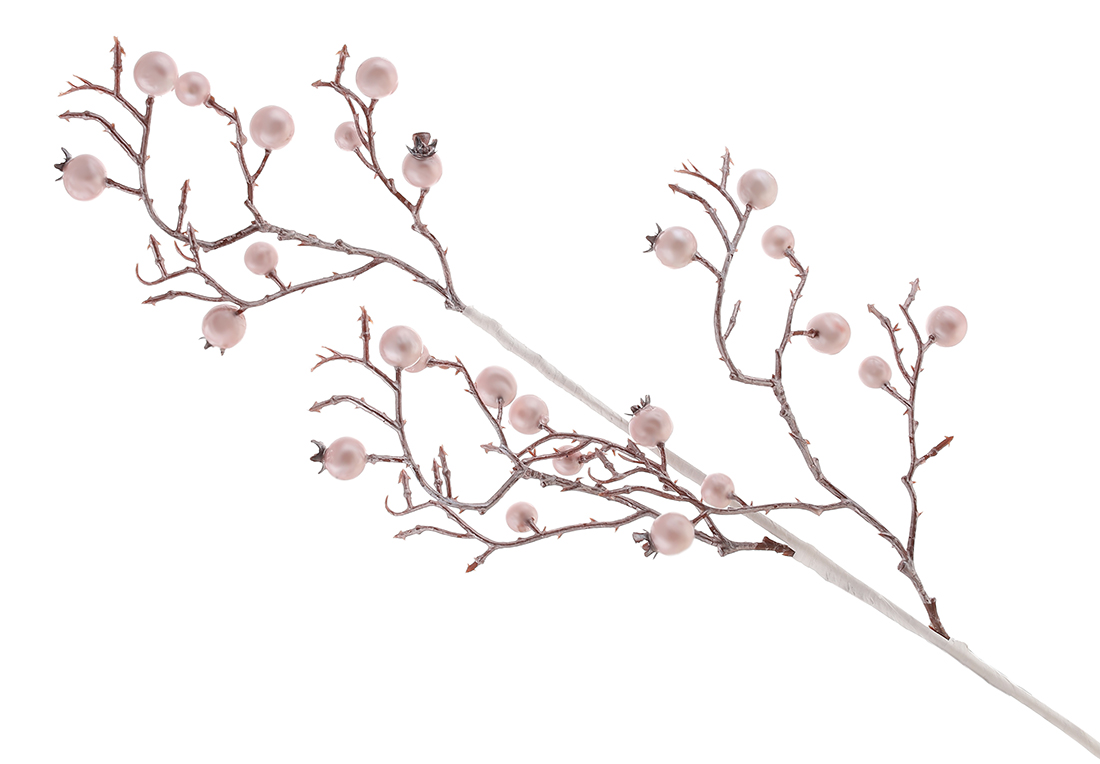 Декоративна гілка з перламутровими ягодами 63см, колір - ніжний рожевий