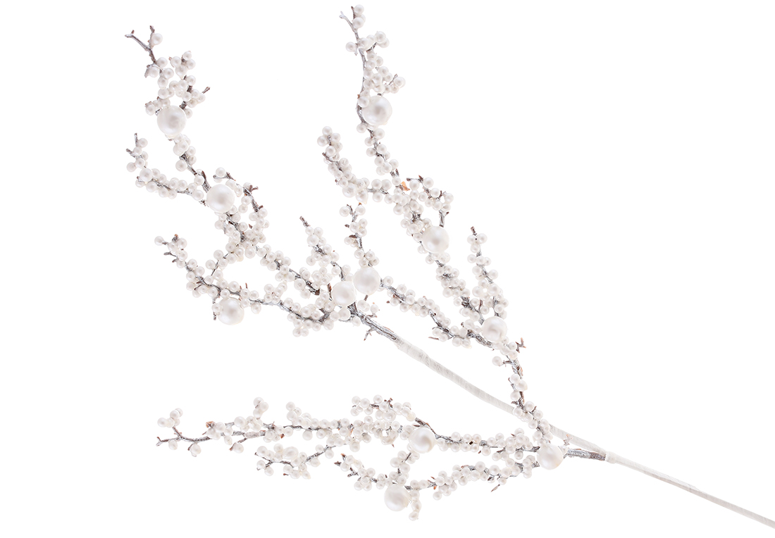 Декоративна гілка з ягодами 63см, колір - білі перли