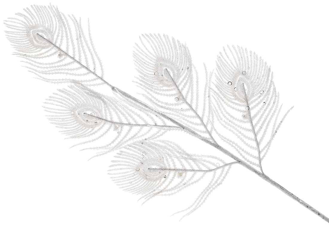 Декоративна гілка Перо Павича (5шт) 70см, колір - білий гліттер