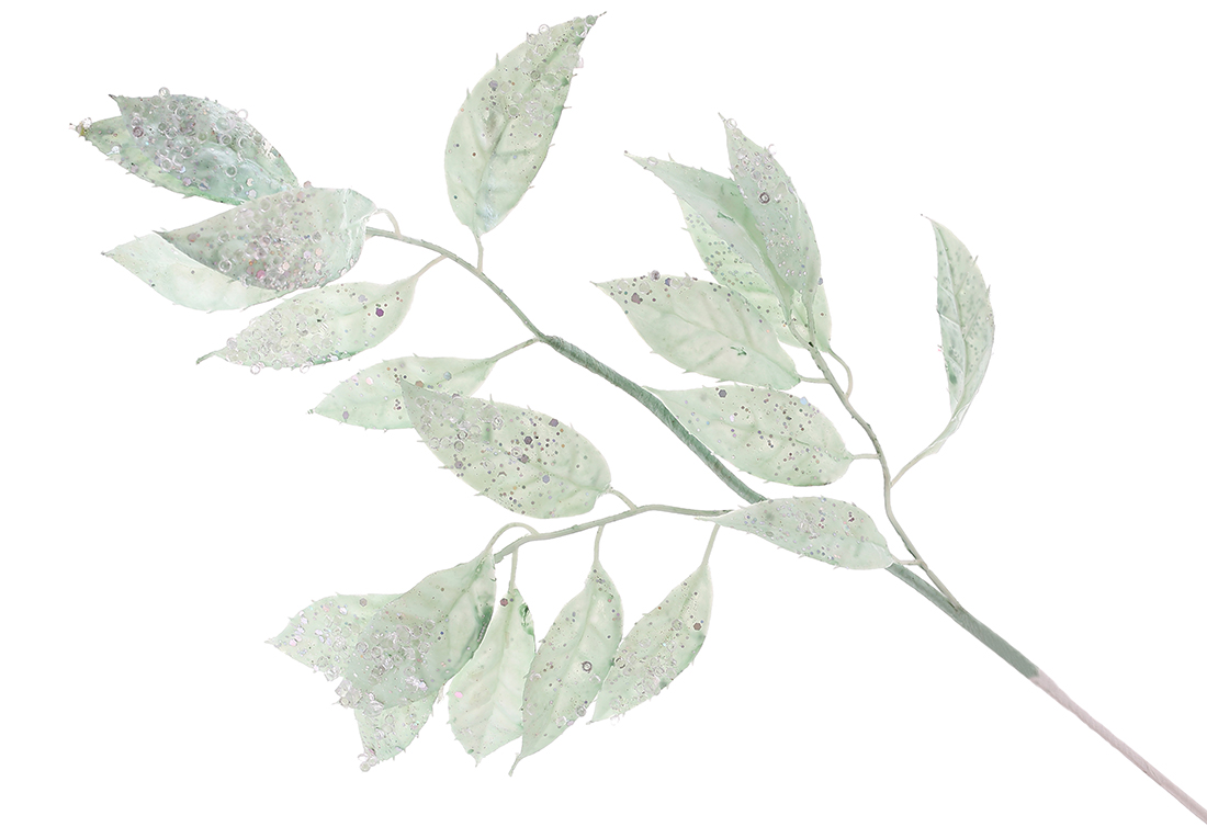 Декоративна гілка листя у льоду 66см, колір - зелений м'ятний з гліттером.