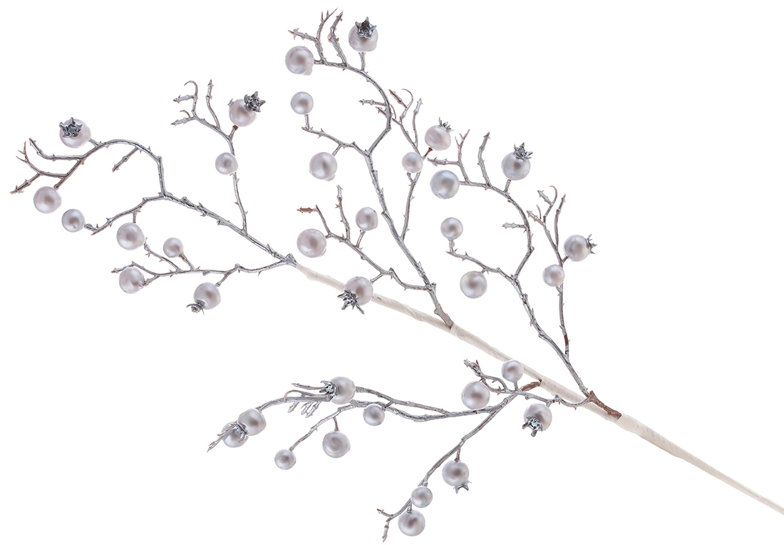 Декоративна гілка з перламутровими ягодами 62см, колір - світло-сірий