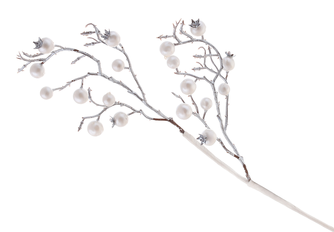 Декоративна гілка з перламутровими ягодами 48см, колір - перлинний білий