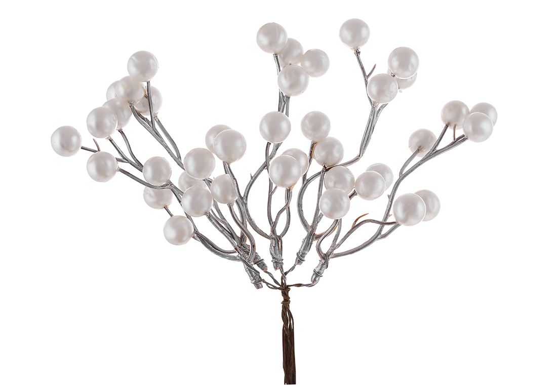 Декоративні перламутрові ягоди в пучку, 19см, колір перлинно-білий