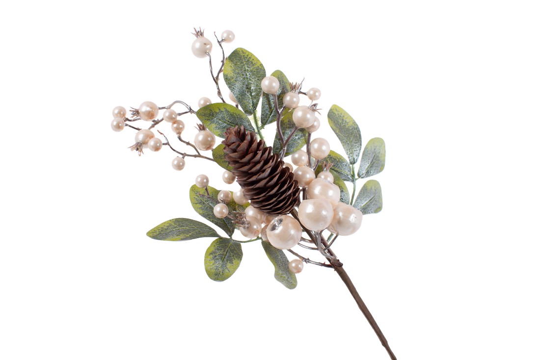 Декоративна гілка з листя та ягід з кристалом, колір: шампань, 36см