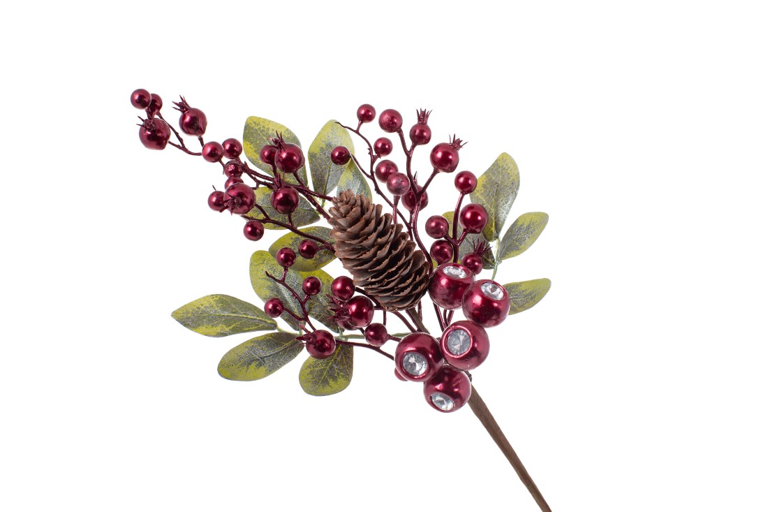 Декоративна гілка з листя та ягід з кристалом, колір: бургундія, 38см