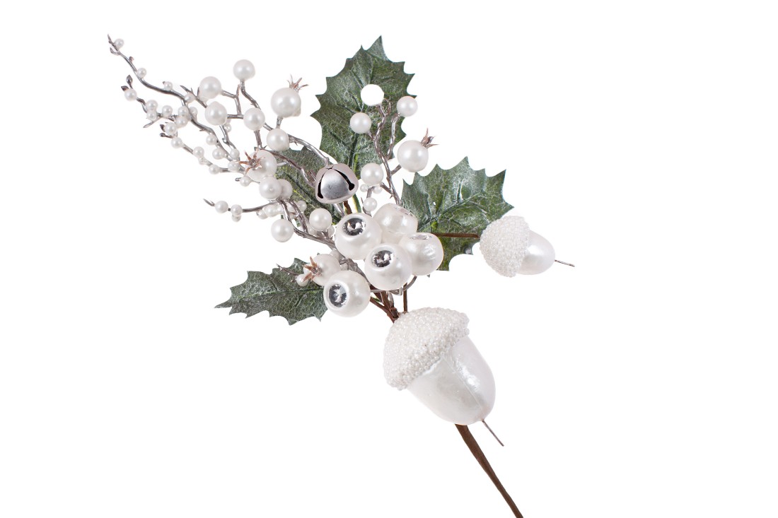 Гілка з листя, жолудей і білих ягід з кристалом, 40см