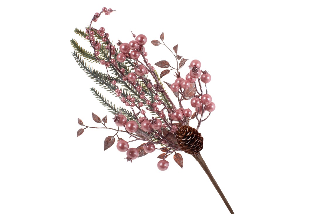 Декоративна гілка з хвої та перламутрових ніжно-рожевих ягід, 44см