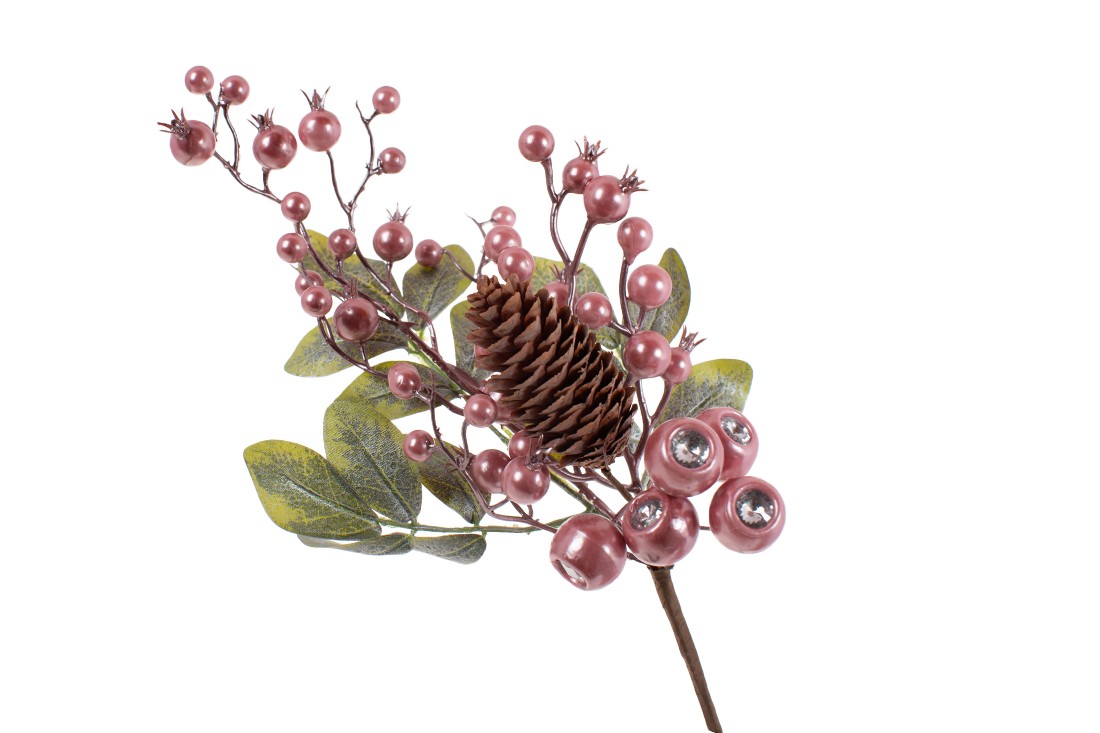 Декоративна гілка з листя та ягід з кристалом, колір: ніжно-рожевий, 36см