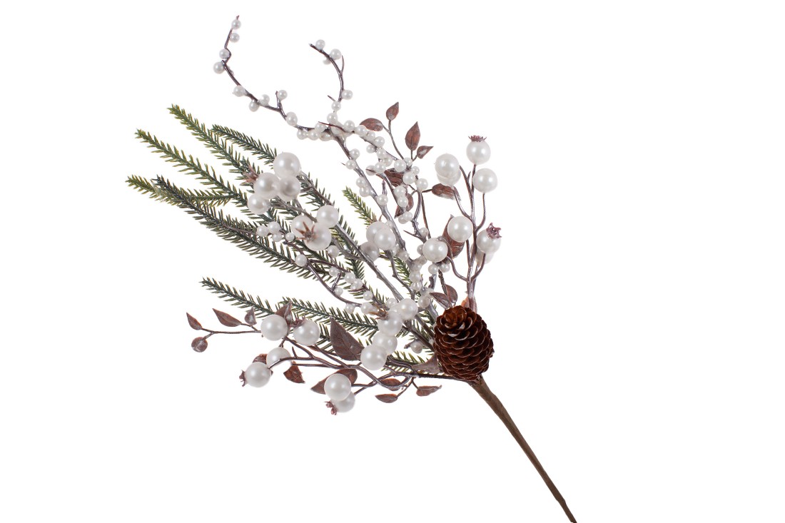 Декоративна гілка з хвої та перламутрових білих ягід, 44см
