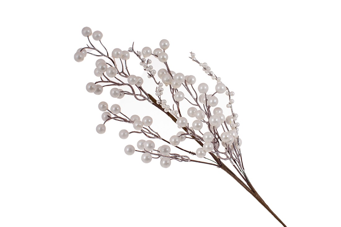 Декоративна гілка з білими перламутровими ягодами, 63см