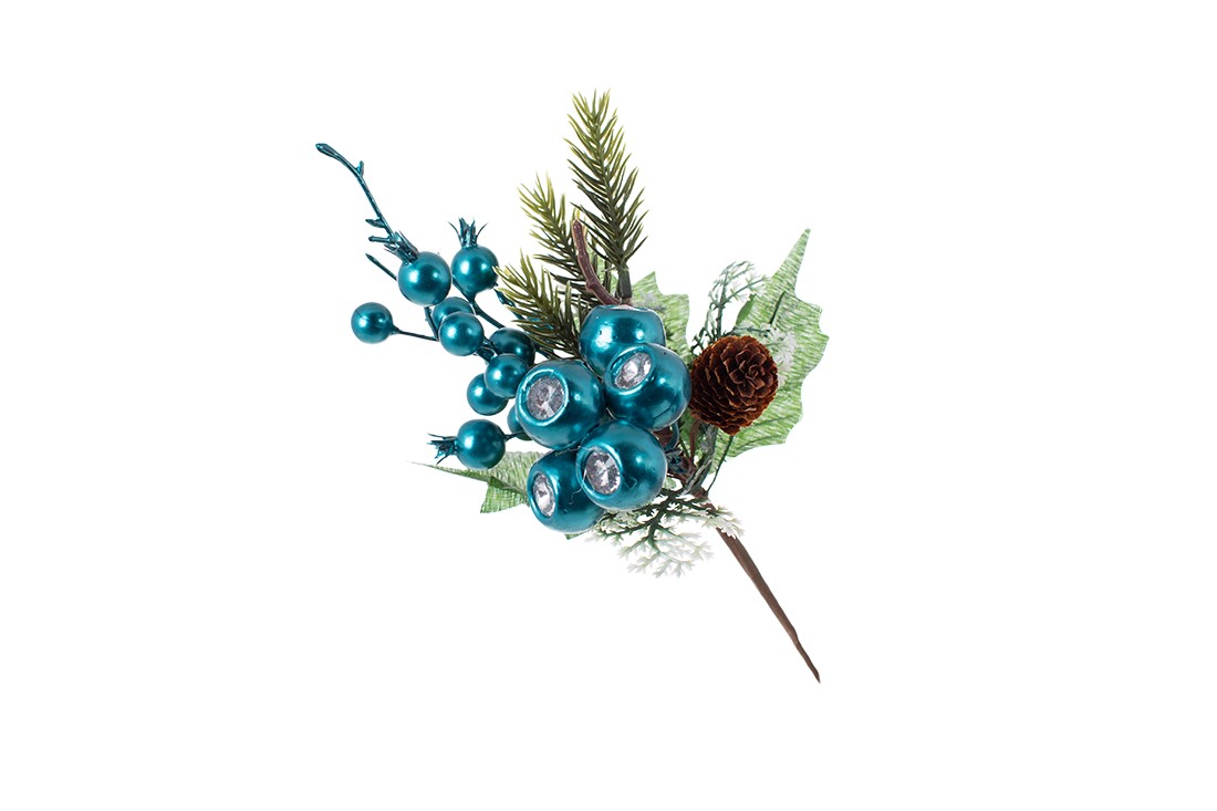 Гілка з хвої та перламутрових ягід з кристалом, колір: блакитний, 25см