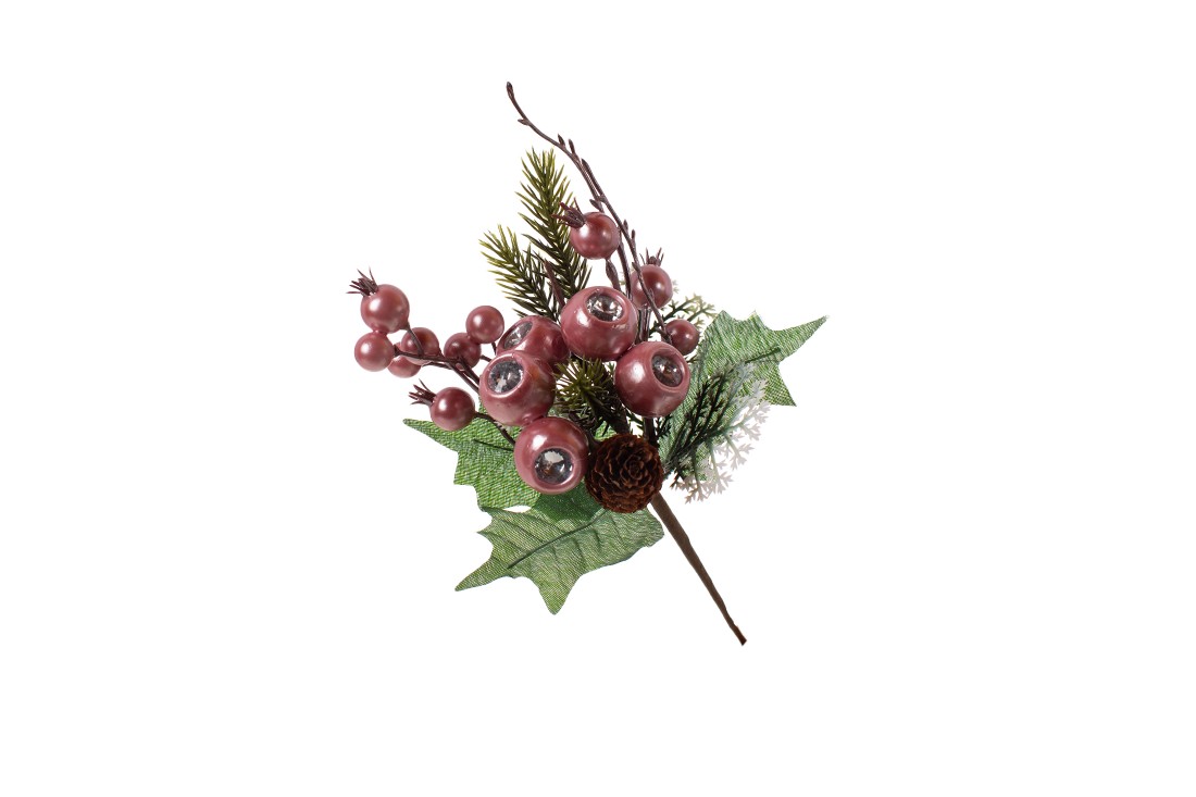 Гілка з хвої та перламутрових ягід з кристалом, колір: рожевий, 25см